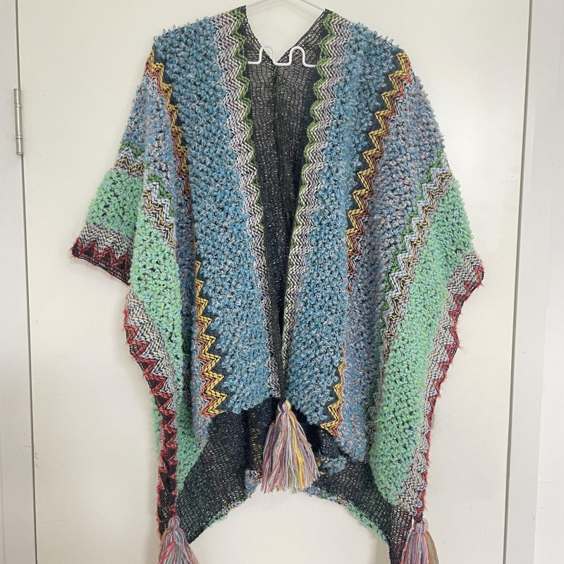 Long Cape For Women, Autumn And Winter Coat, Tassel Shawl, Scarf, Travel Vacation, Multi-color Floral Polyester