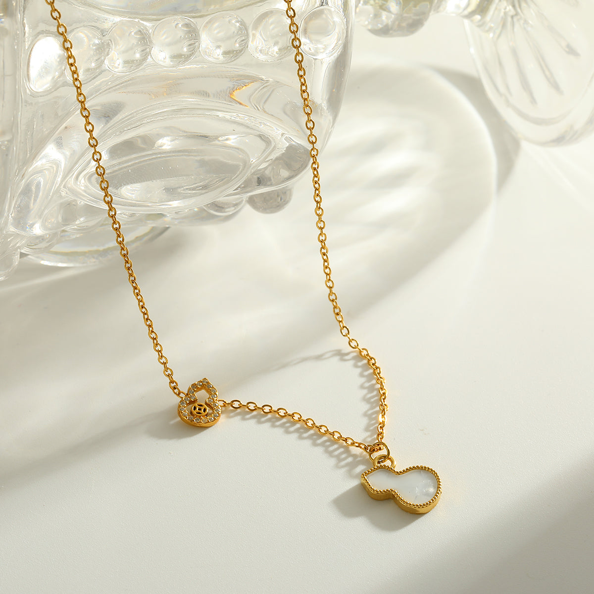 18K Gold Plated 304 Stainless Steel Vacuum Electroplating (In Furnace) Acrylic Rhinestone Gourd Handmade Oil Drop Cable Chain/Cross Chain/O Chain Necklace For Women New Year