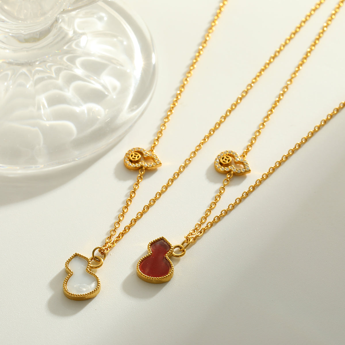 18K Gold Plated 304 Stainless Steel Vacuum Electroplating (In Furnace) Acrylic Rhinestone Gourd Handmade Oil Drop Cable Chain/Cross Chain/O Chain Necklace For Women New Year