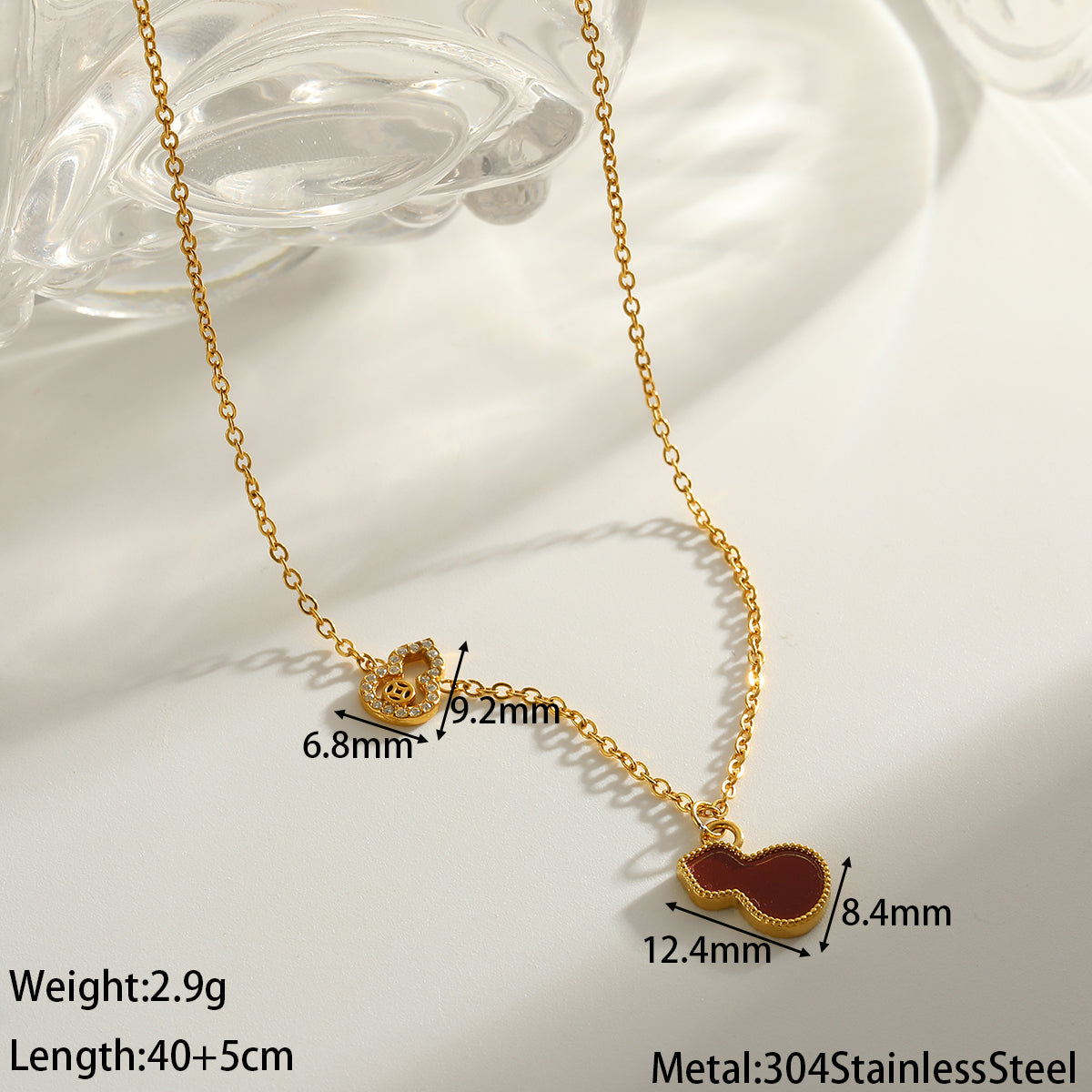 18K Gold Plated 304 Stainless Steel Vacuum Electroplating (In Furnace) Acrylic Rhinestone Gourd Handmade Oil Drop Cable Chain/Cross Chain/O Chain Necklace For Women New Year