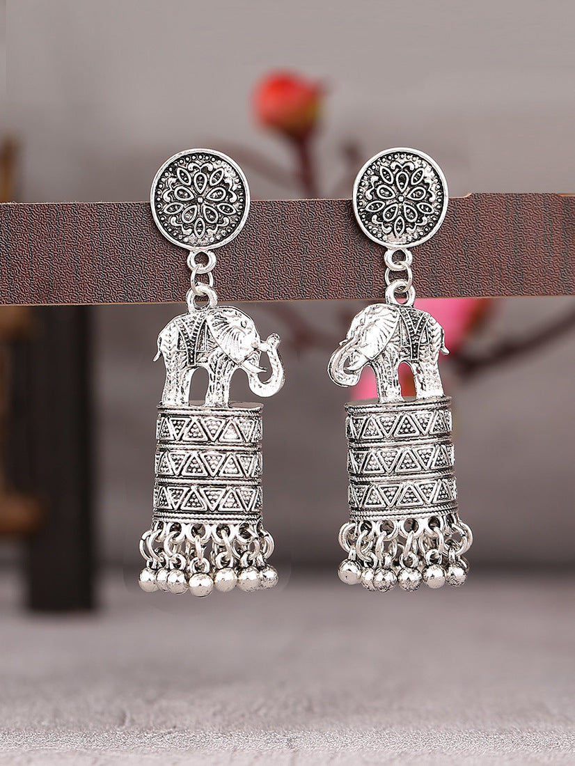 Elephant Tassel Drop Earrings For Women In Silver Alloy Featuring 304 Stainless Steel Ear Pins