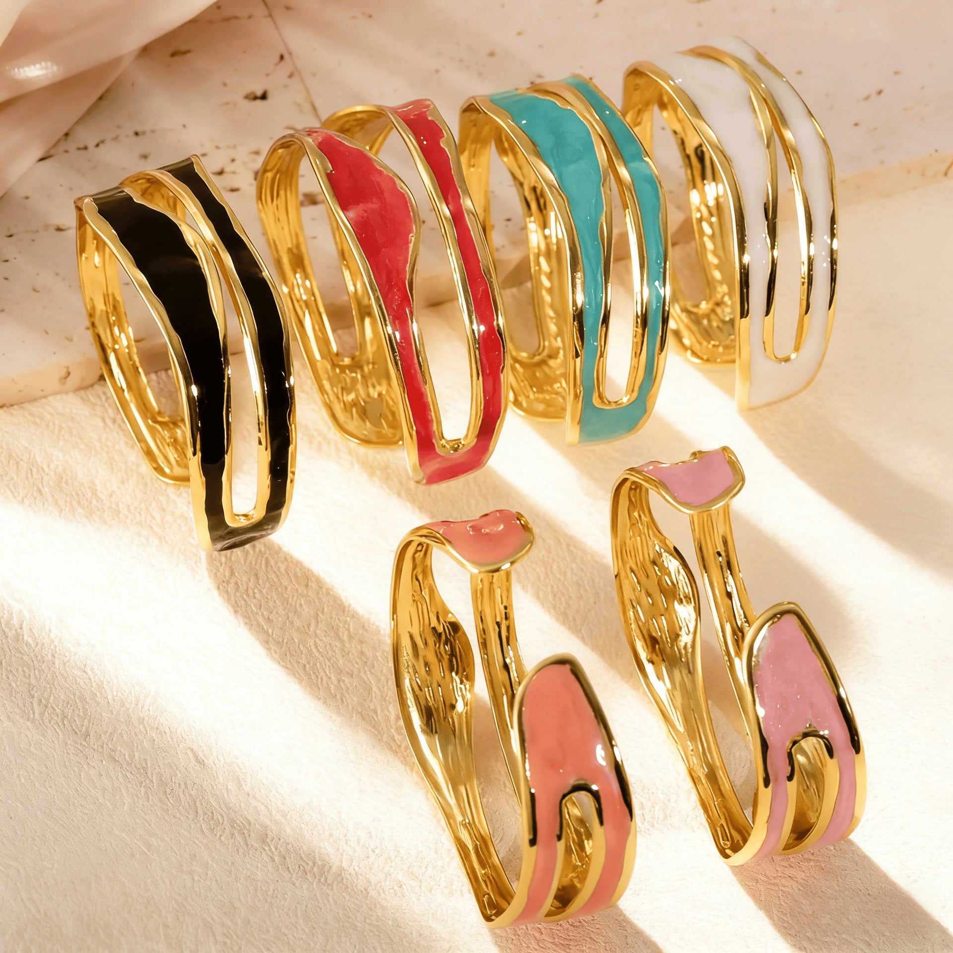 Geometric Enamel Bangle For Women In 304 Stainless Steel With Golden Electroplated Coating 0.03µm Thickness