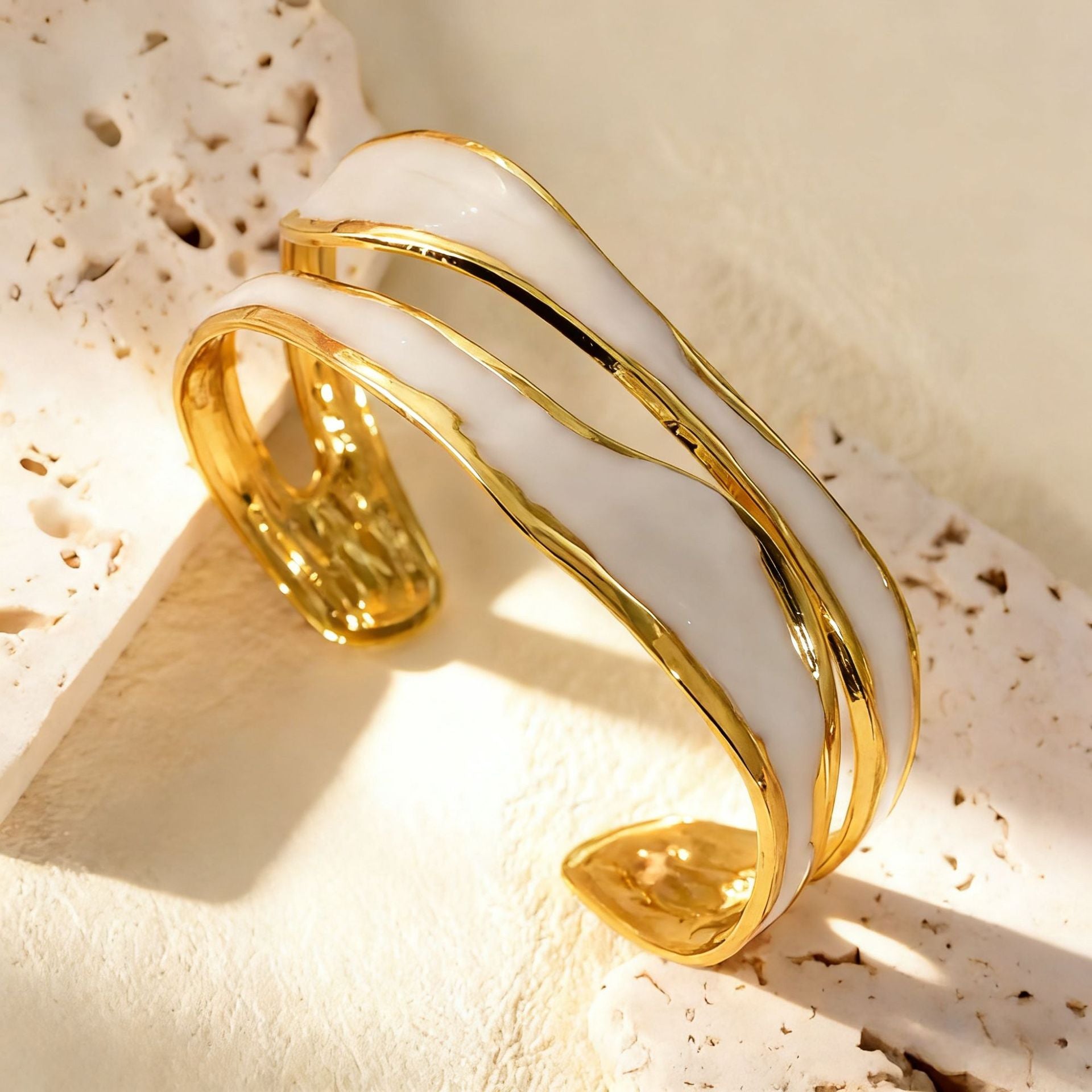 Geometric Enamel Bangle For Women In 304 Stainless Steel With Golden Electroplated Coating 0.03µm Thickness
