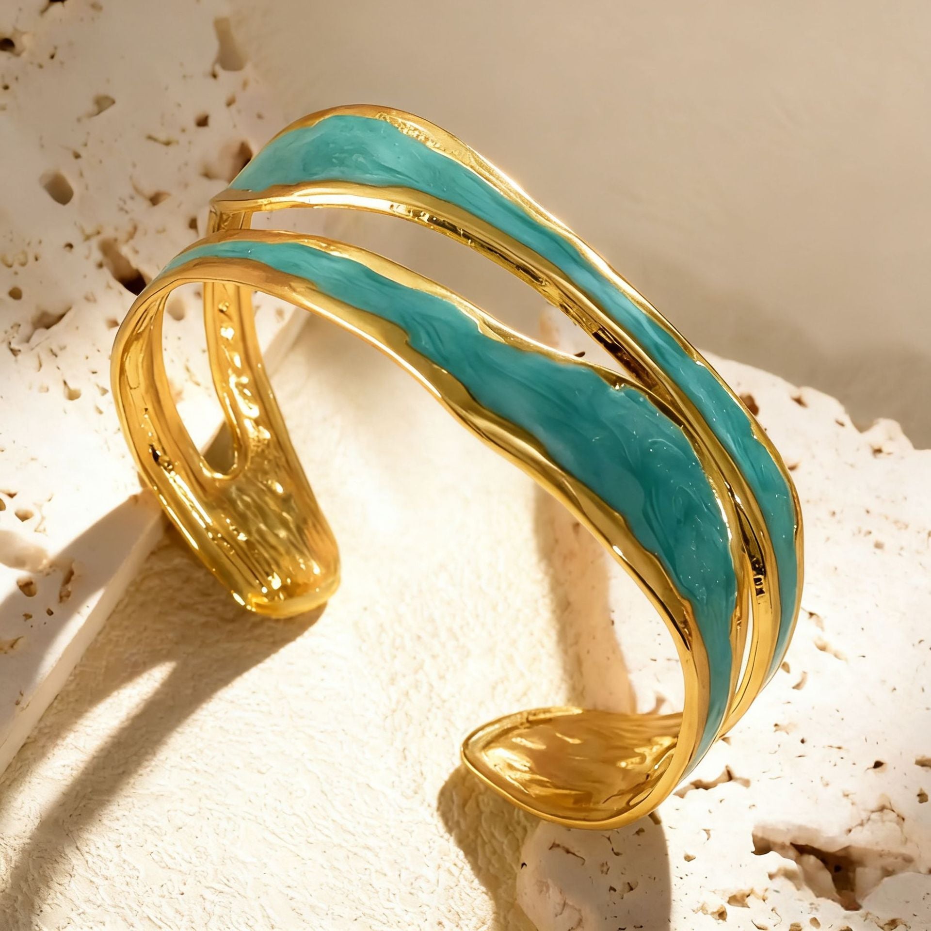 Geometric Enamel Bangle For Women In 304 Stainless Steel With Golden Electroplated Coating 0.03µm Thickness