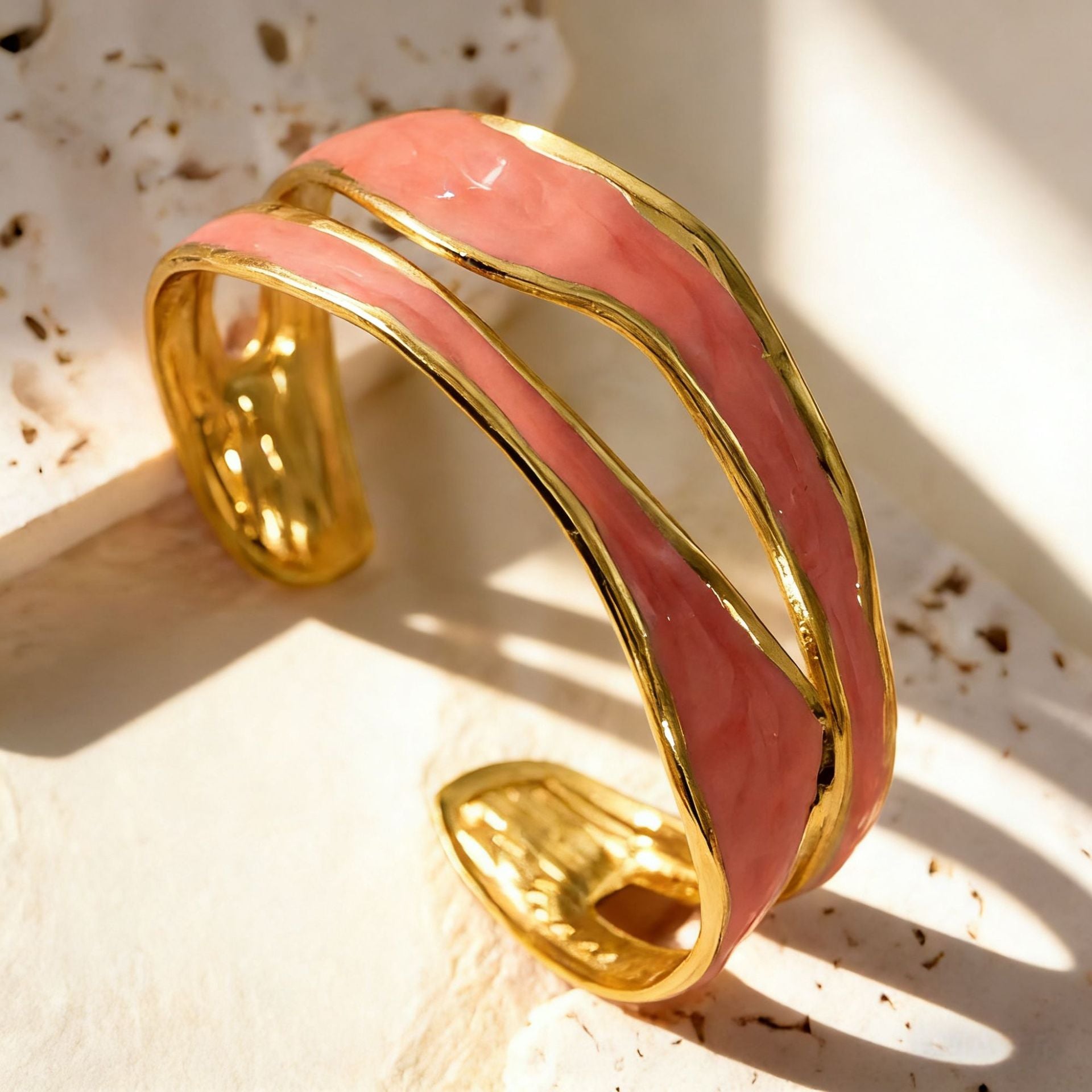 Geometric Enamel Bangle For Women In 304 Stainless Steel With Golden Electroplated Coating 0.03µm Thickness
