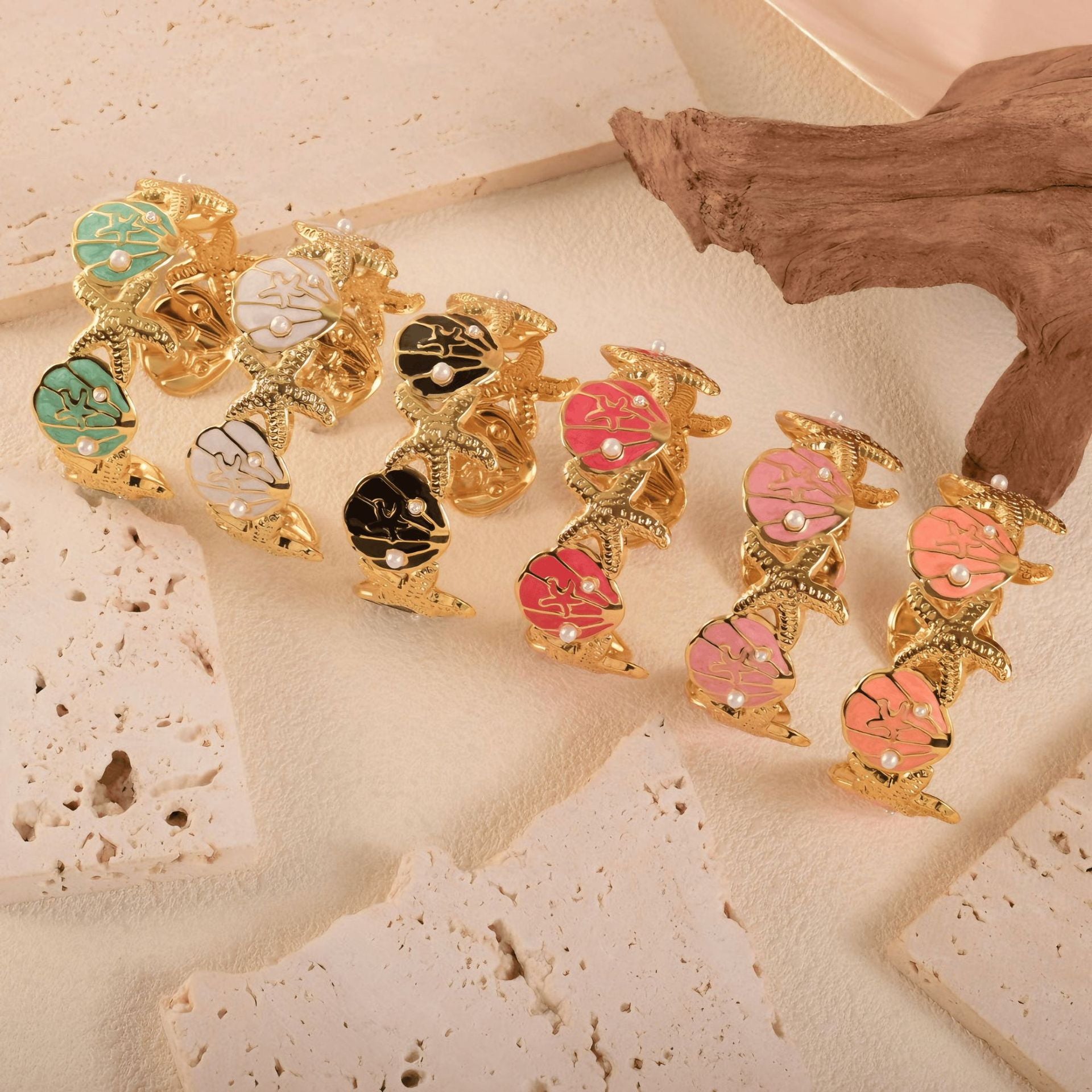 Open Bracelet With Inlaid Pearl, Star And Shell Design, Stainless Steel Gold Suitable For Women's Vacation