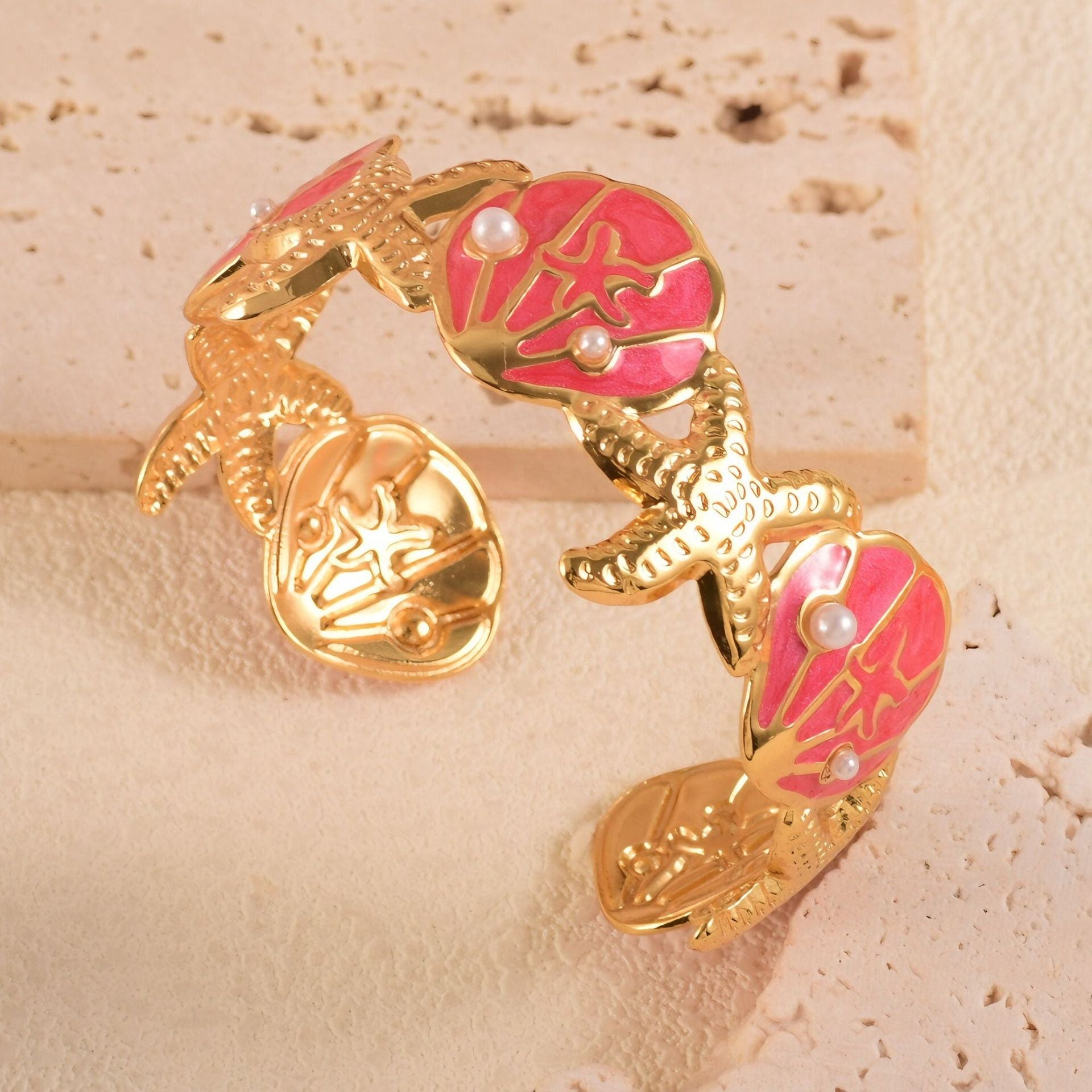 Open Bracelet With Inlaid Pearl, Star And Shell Design, Stainless Steel Gold Suitable For Women's Vacation