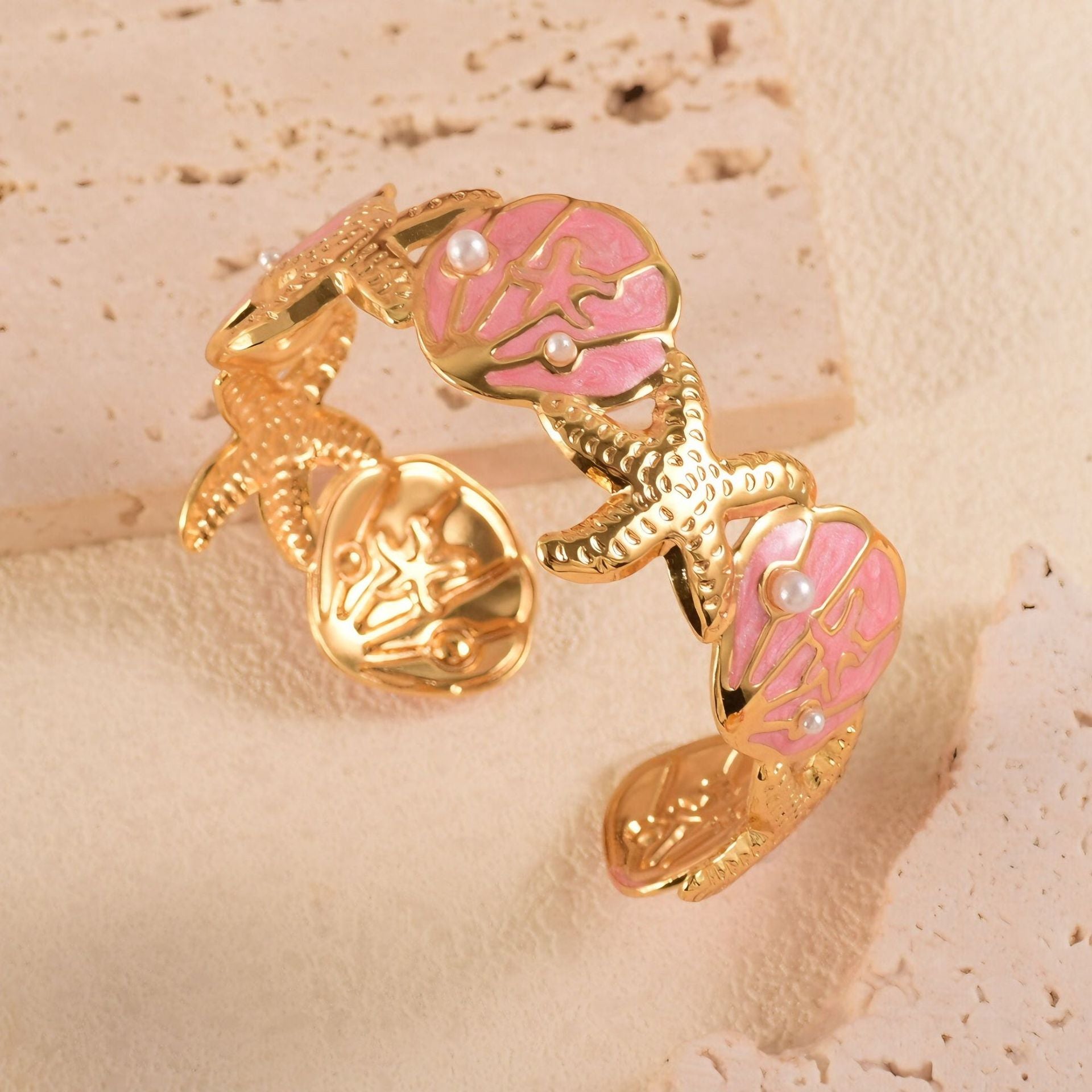 Open Bracelet With Inlaid Pearl, Star And Shell Design, Stainless Steel Gold Suitable For Women's Vacation