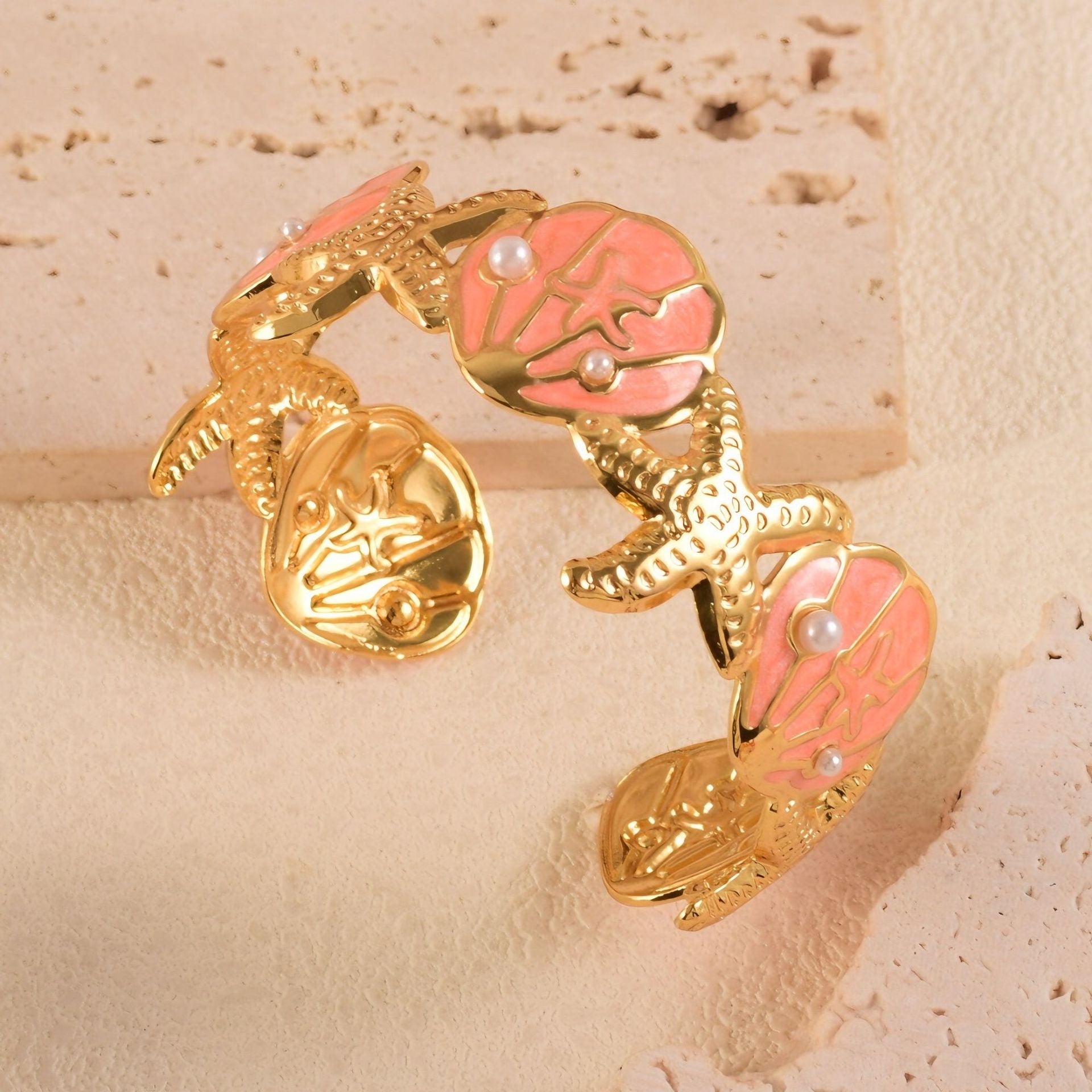 Open Bracelet With Inlaid Pearl, Star And Shell Design, Stainless Steel Gold Suitable For Women's Vacation