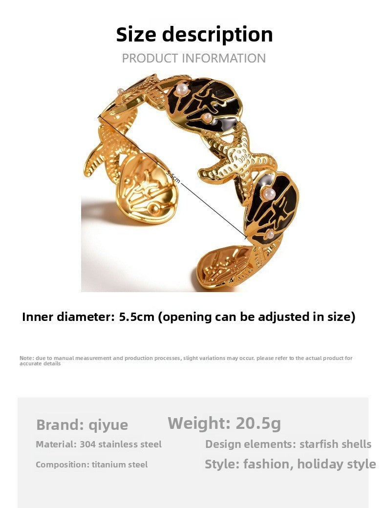 Open Bracelet With Inlaid Pearl, Star And Shell Design, Stainless Steel Gold Suitable For Women's Vacation