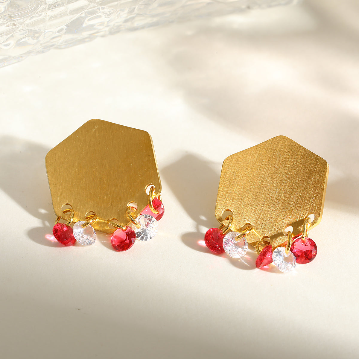 18K Gold Plated 304 Stainless Steel Vacuum Electroplating (In Furnace) Rhinestone Geometric Brushed Earrings For Women Teacher's Day