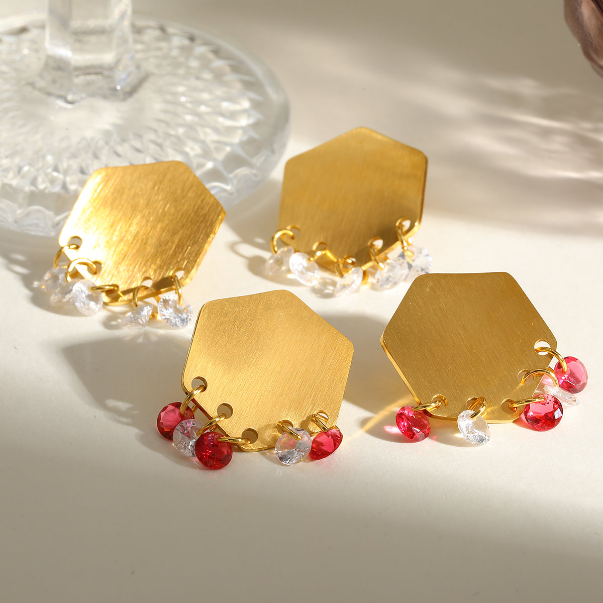 18K Gold Plated 304 Stainless Steel Vacuum Electroplating (In Furnace) Rhinestone Geometric Brushed Earrings For Women Teacher's Day
