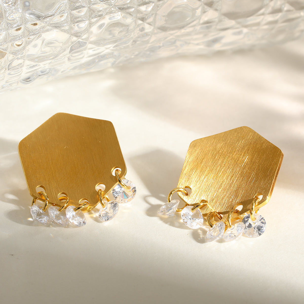 18K Gold Plated 304 Stainless Steel Vacuum Electroplating (In Furnace) Rhinestone Geometric Brushed Earrings For Women Teacher's Day