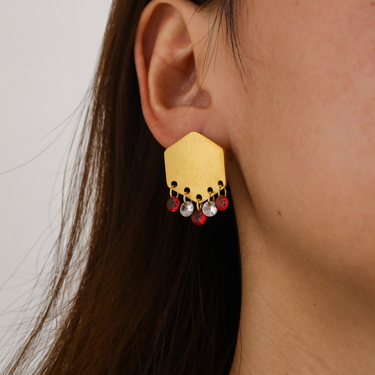 18K Gold Plated 304 Stainless Steel Vacuum Electroplating (In Furnace) Rhinestone Geometric Brushed Earrings For Women Teacher's Day