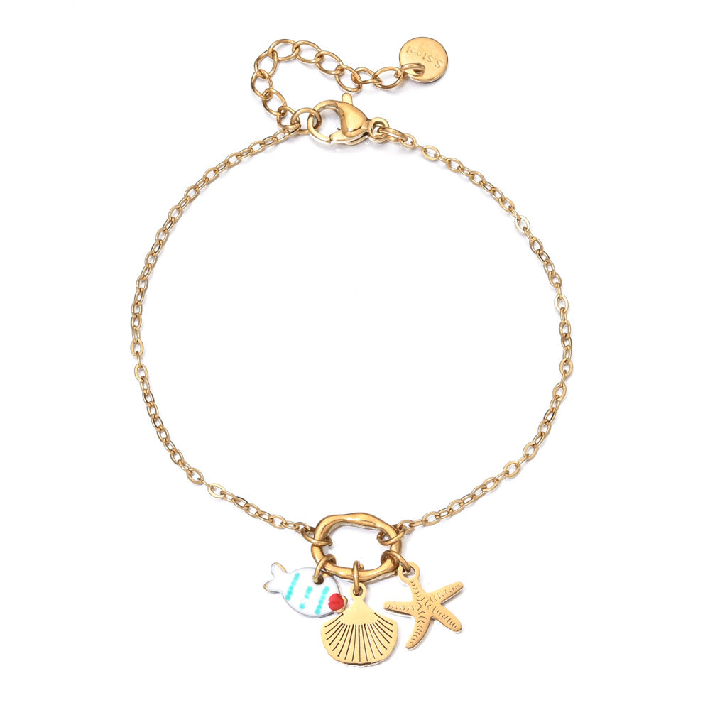 Bohemian Gold-Plated Stainless Steel Shell Starfish Fish Women's Bracelet Casual Date Travel Daily Jewelry Accessory