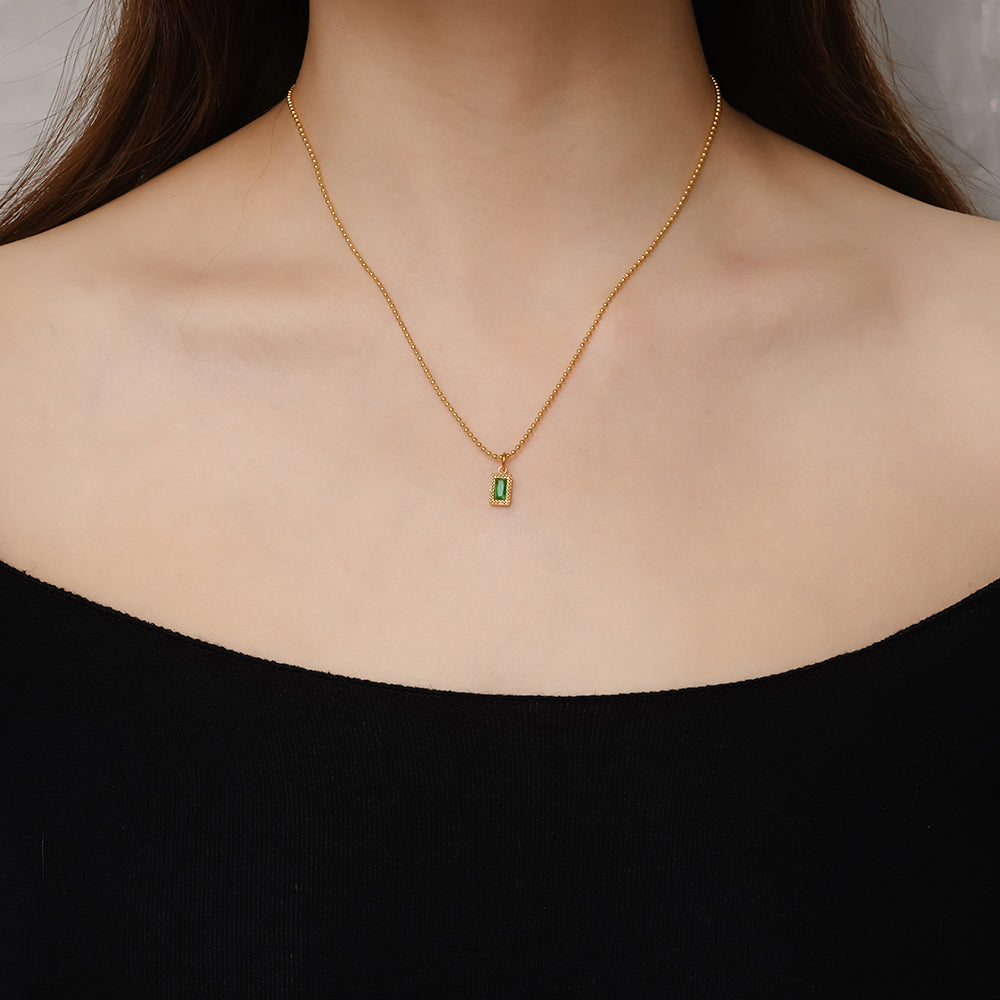 Handmade French Style Square Necklace With 18K Real Gold Plated 304 Stainless Steel And Zircon Inlay, Unisex With Bead Chain