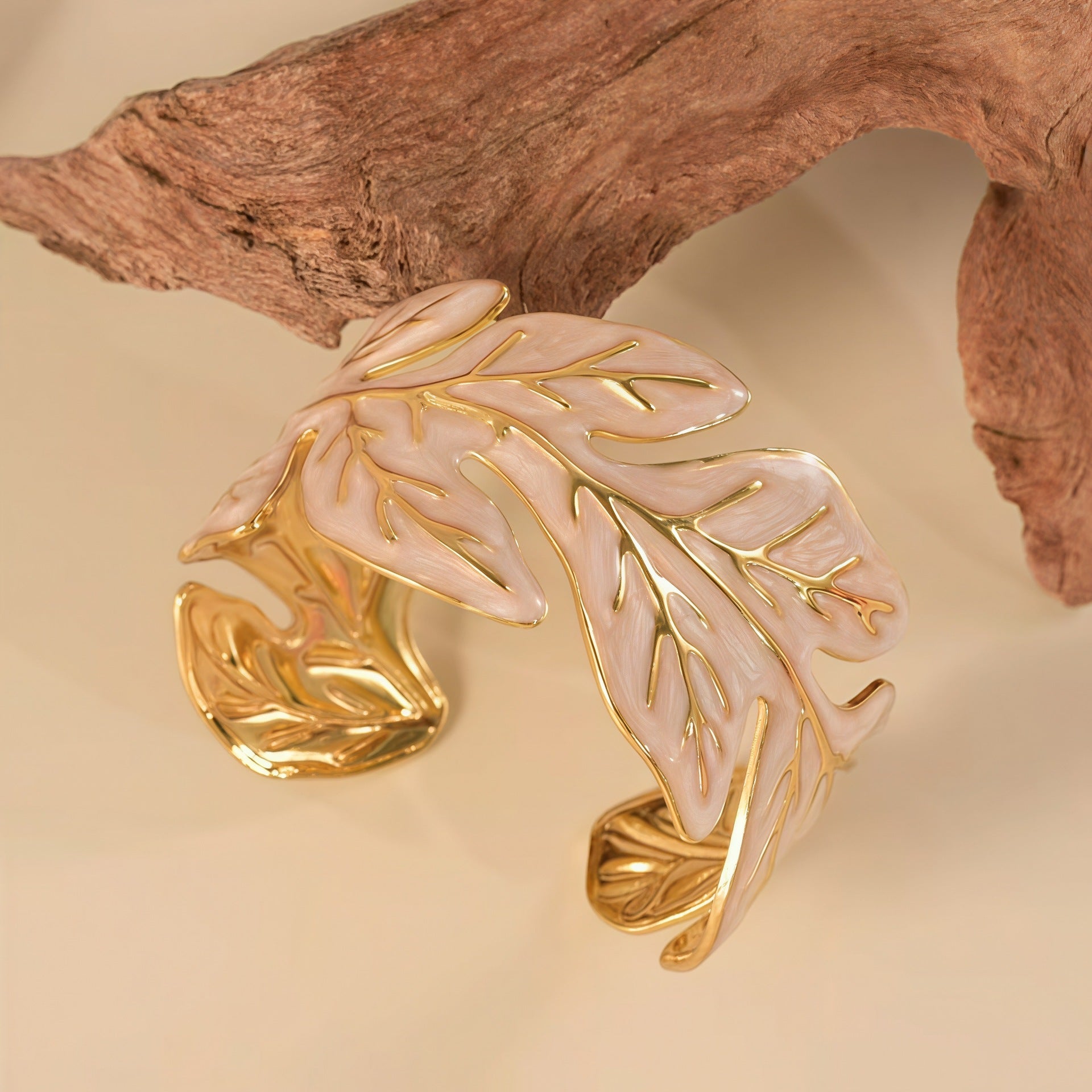 Leaf Pattern Enamel Bangle For Women In 304 Stainless Steel With Electroplated Golden Plated Finish And 0.03µm Coating Thickness