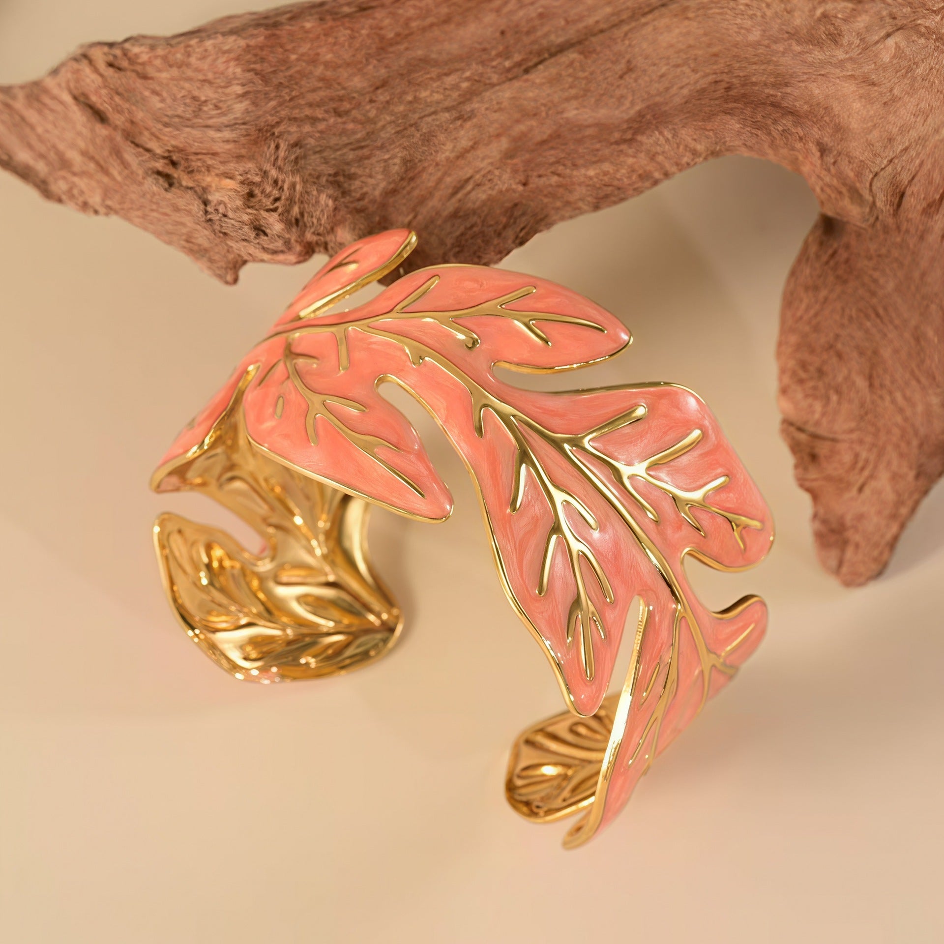 Leaf Pattern Enamel Bangle For Women In 304 Stainless Steel With Electroplated Golden Plated Finish And 0.03µm Coating Thickness