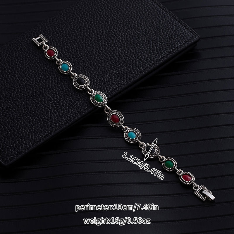 Ethnic Style Flowers Bangle Unisex Bracelet In May Birthstone Emerald With Turquoise Inlay, Electroplated Zinc Alloy