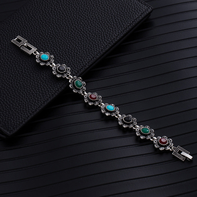 Ethnic Style Flowers Bangle Unisex Bracelet In May Birthstone Emerald With Turquoise Inlay, Electroplated Zinc Alloy