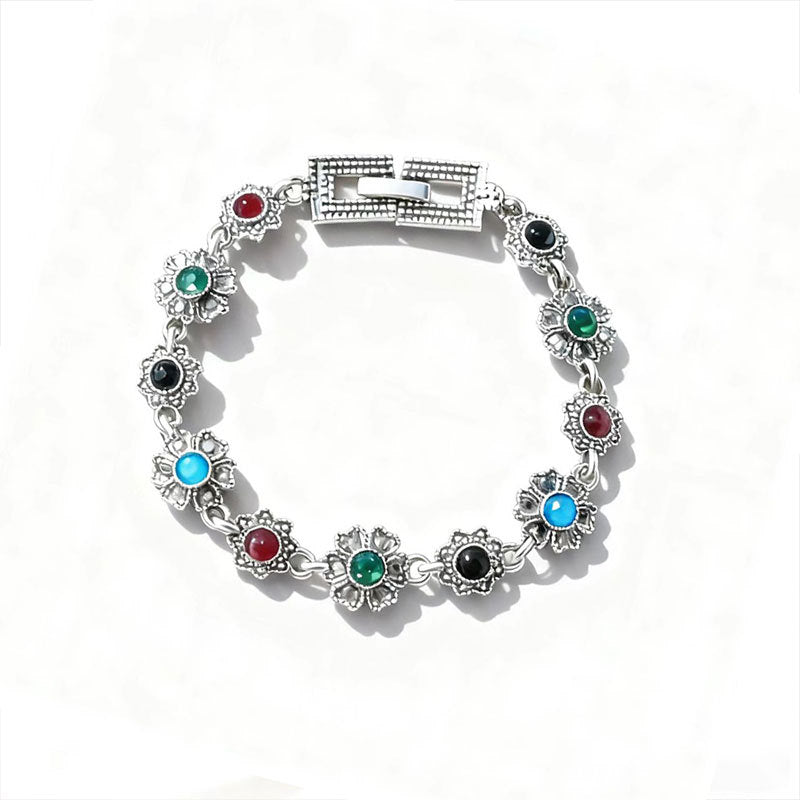 Ethnic Style Flowers Bangle Unisex Bracelet In May Birthstone Emerald With Turquoise Inlay, Electroplated Zinc Alloy