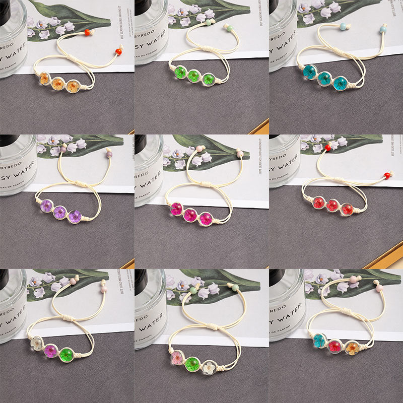 Sweet Style Dried Flowers Braid Bracelets For Women With Glass Pendant Featuring Rope Material