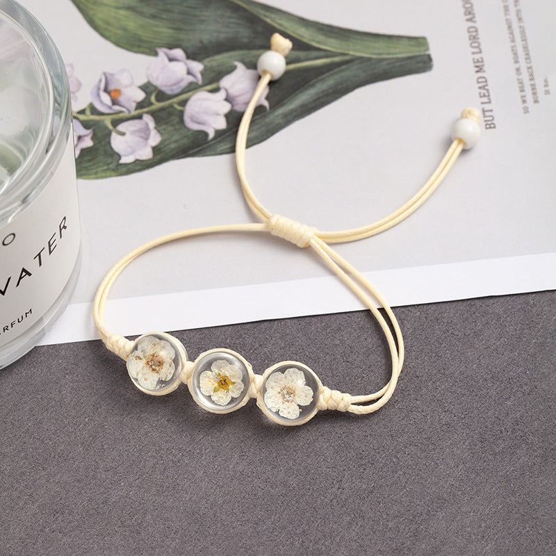 Sweet Style Dried Flowers Braid Bracelets For Women With Glass Pendant Featuring Rope Material