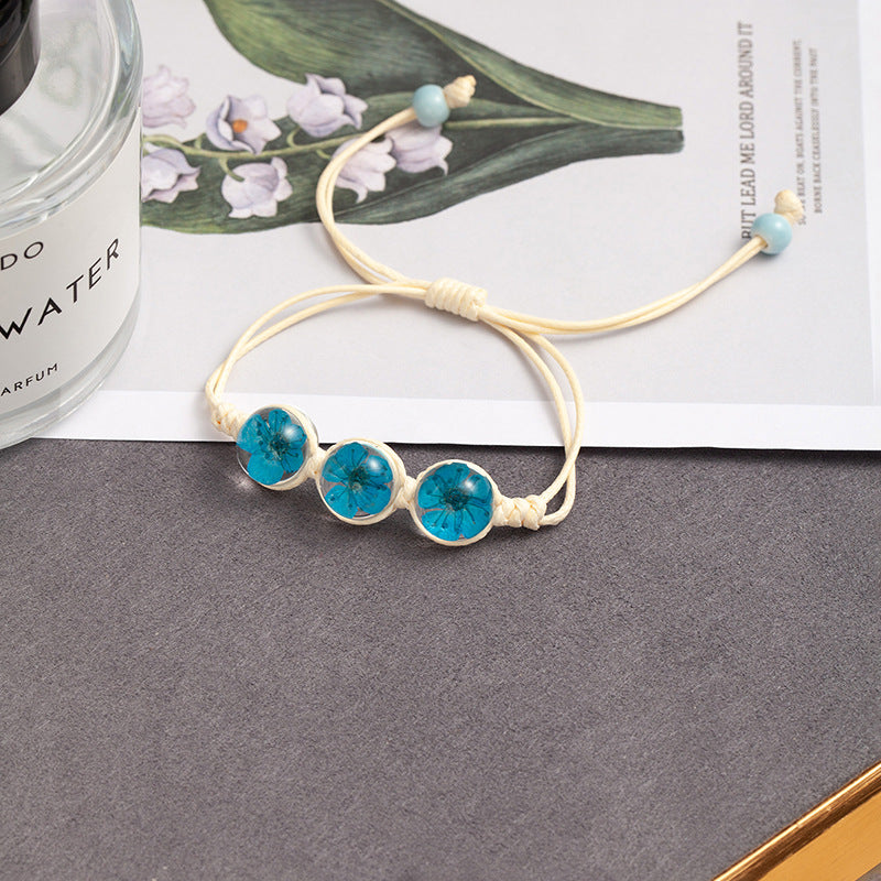 Sweet Style Dried Flowers Braid Bracelets For Women With Glass Pendant Featuring Rope Material