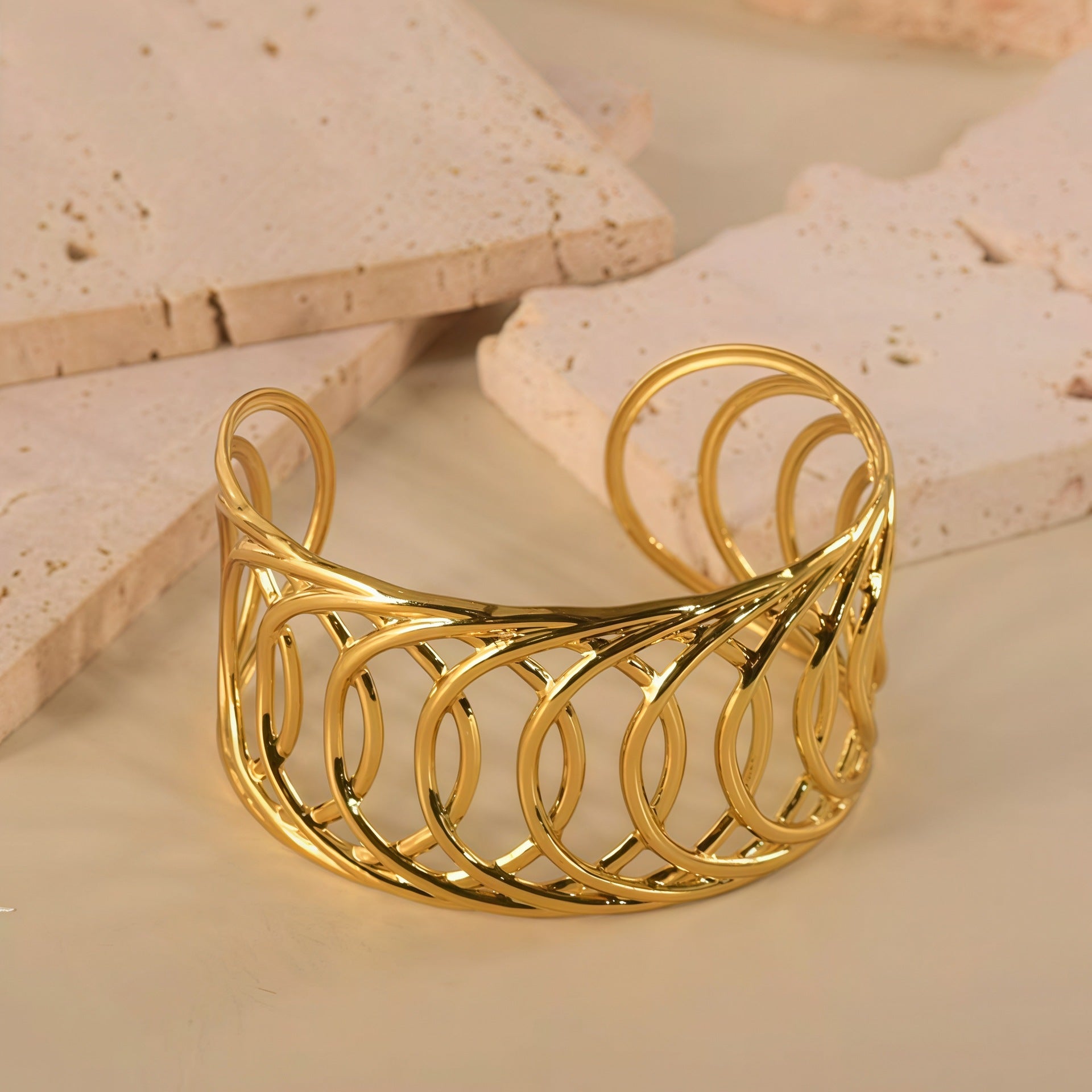 Geometric Electroplated Bangle For Women In 304 Stainless Steel With Golden Plated 0.03µm Coating