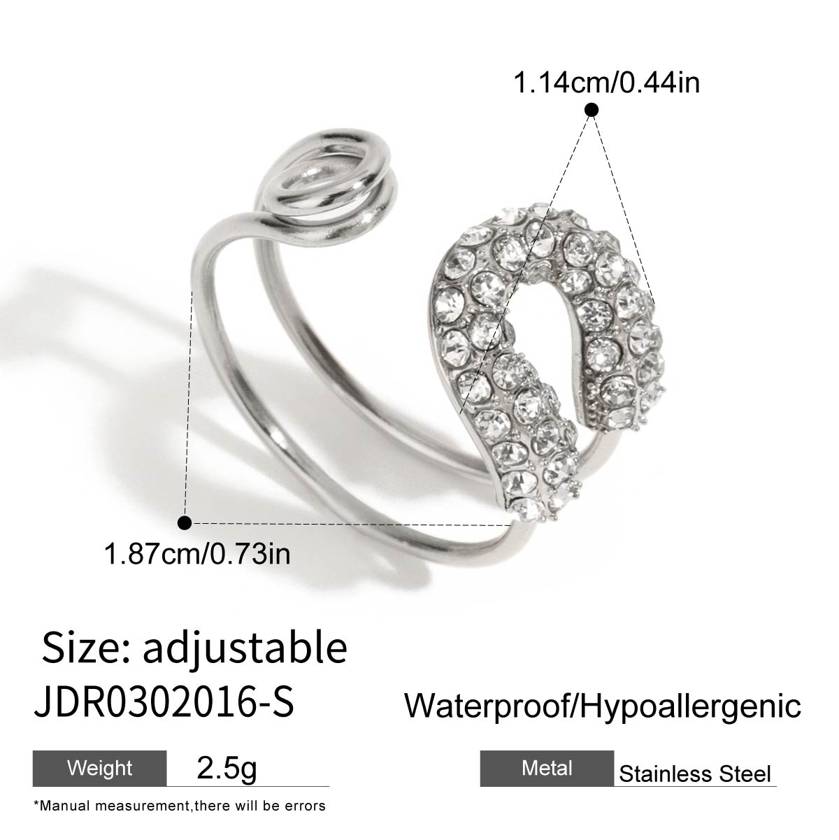 Geometric Waterproof Non Tarnish Rings For Women In 304 Stainless Steel With 18K Real Gold Plated PVD Coating And Rhinestone Inlay