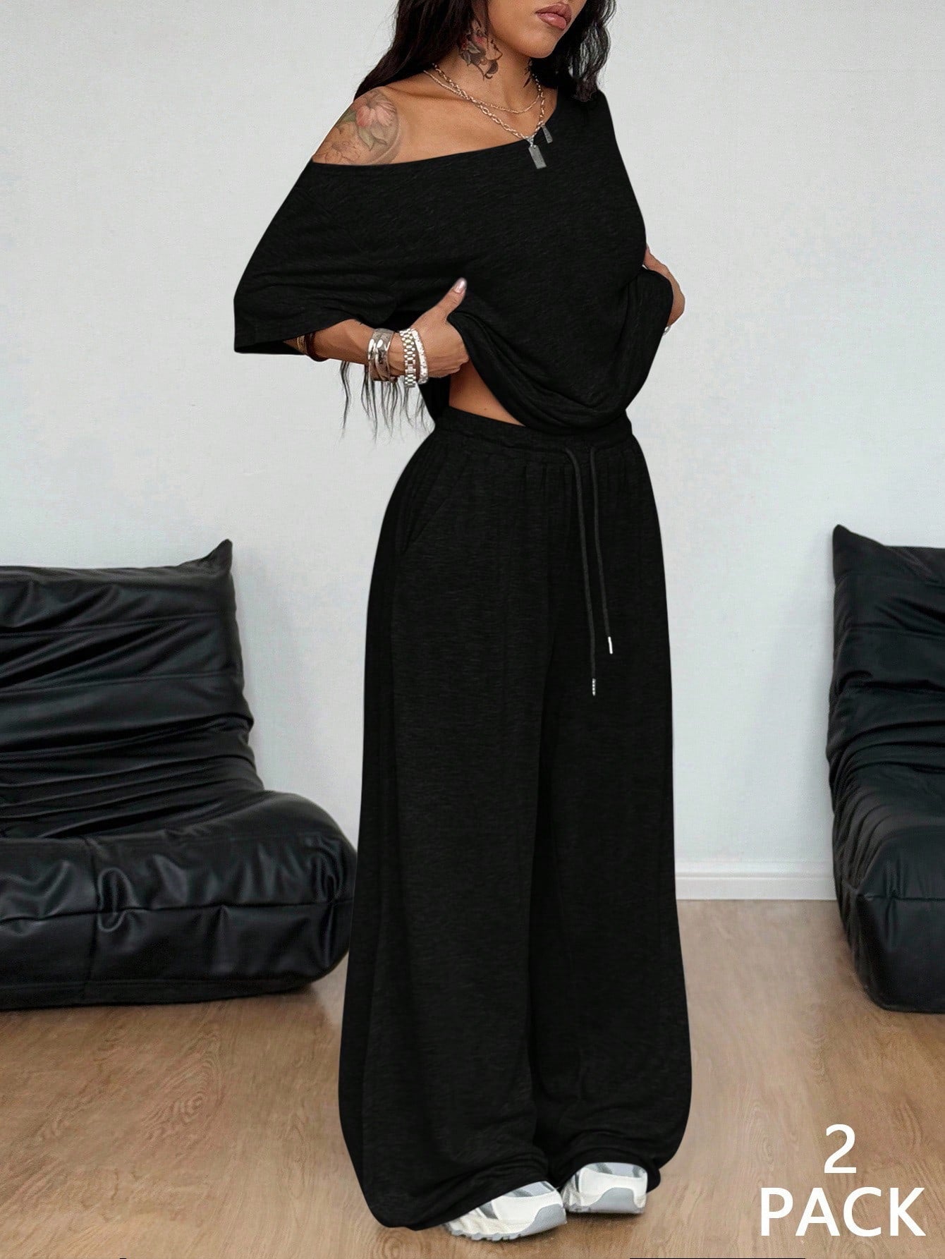 Casual Solid Color Wide Leg Pants Pant Co-ord Set In Polyester Featuring Printing, 2 Pieces Set