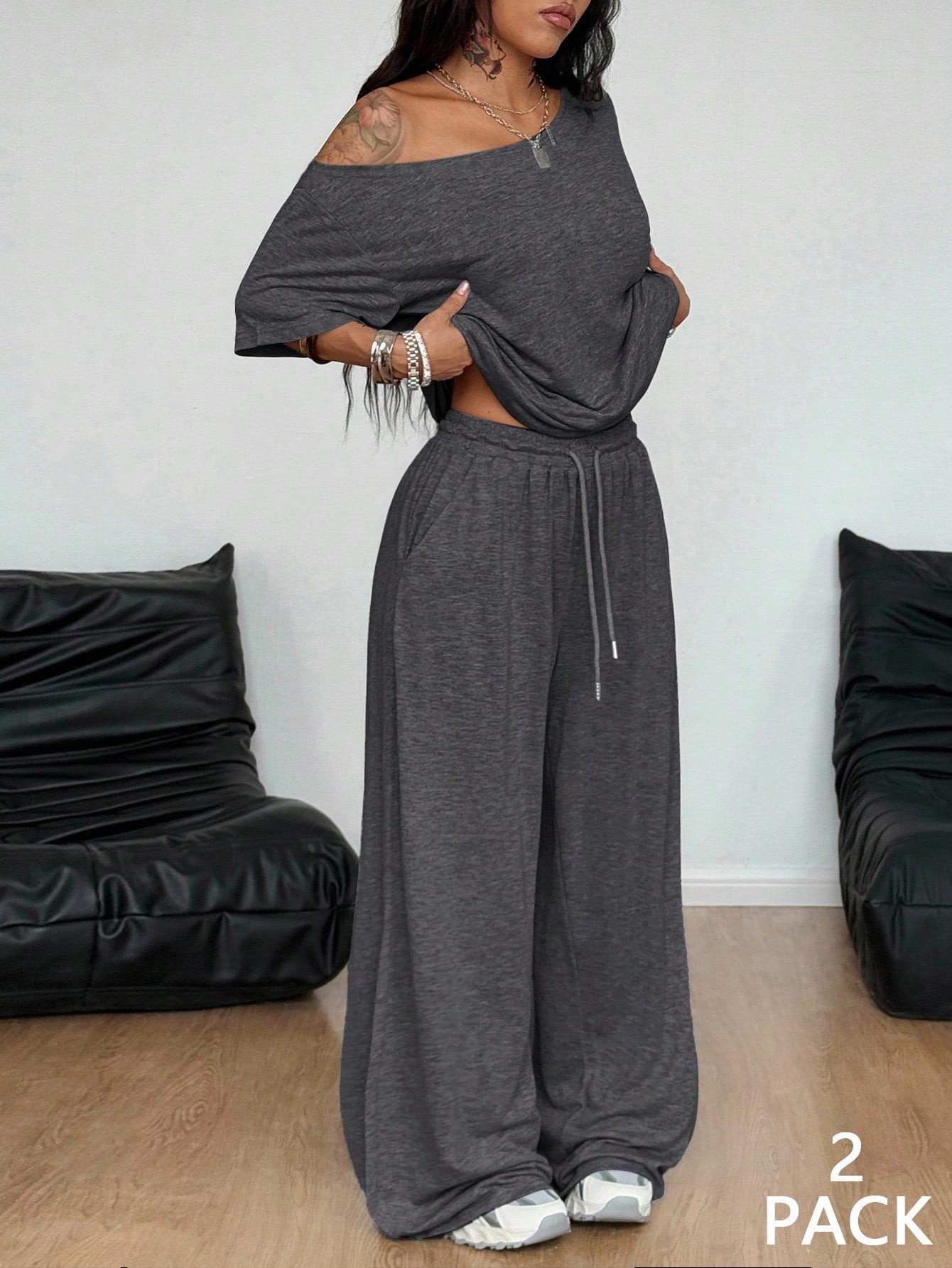Casual Solid Color Wide Leg Pants Pant Co-ord Set In Polyester Featuring Printing, 2 Pieces Set