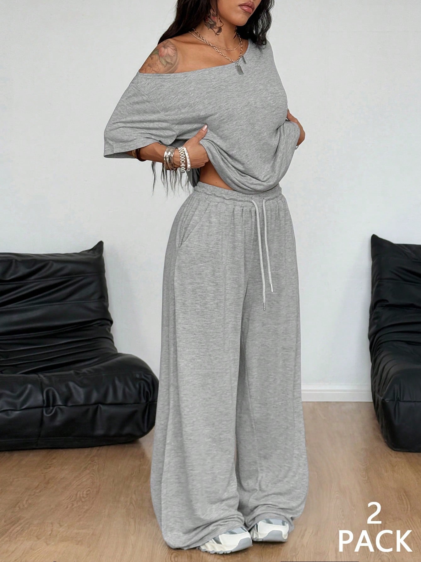 Casual Solid Color Wide Leg Pants Pant Co-ord Set In Polyester Featuring Printing, 2 Pieces Set