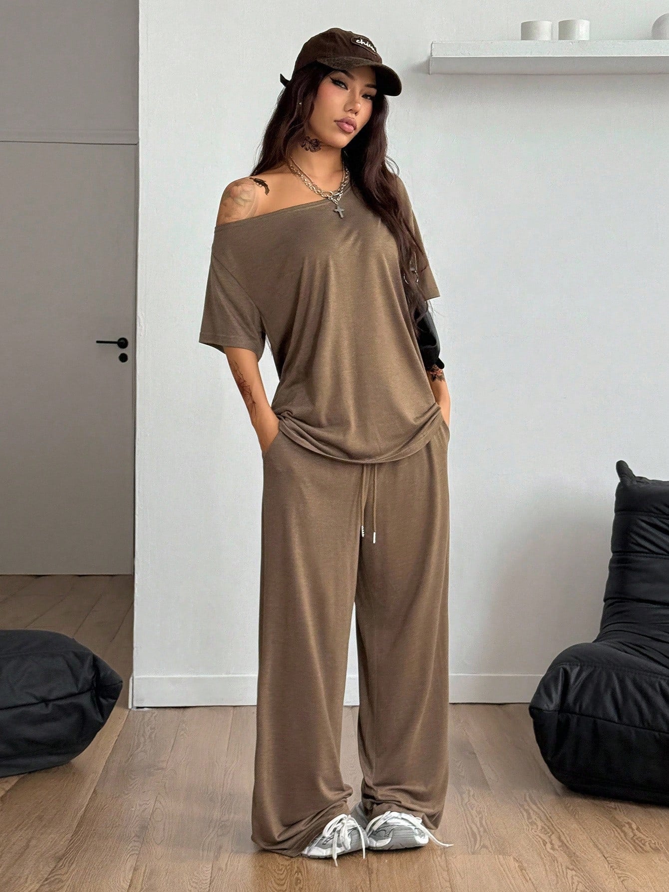 Casual Solid Color Wide Leg Pants Pant Co-ord Set In Polyester Featuring Printing, 2 Pieces Set