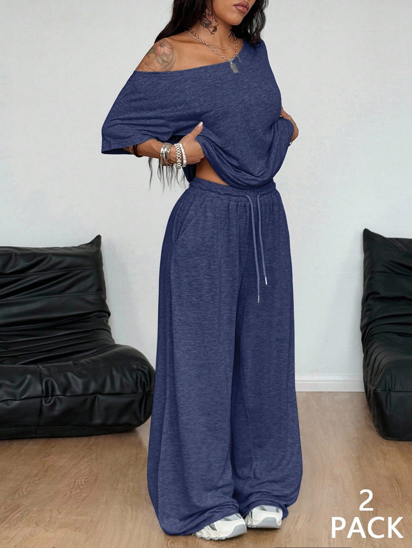 Casual Solid Color Wide Leg Pants Pant Co-ord Set In Polyester Featuring Printing, 2 Pieces Set