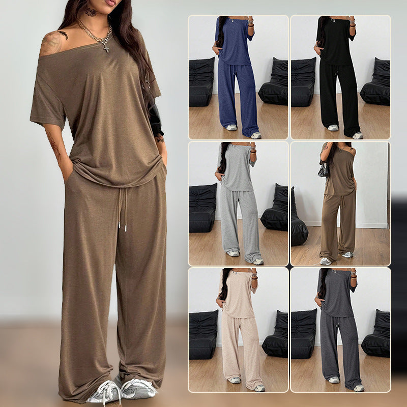 Casual Solid Color Wide Leg Pants Pant Co-ord Set In Polyester Featuring Printing, 2 Pieces Set
