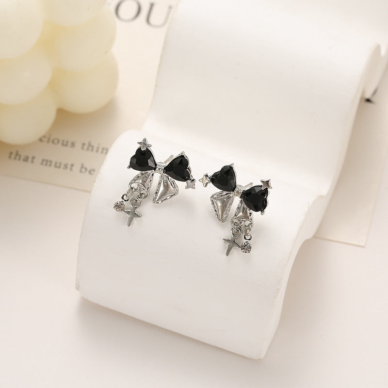 Sweet Natural Pink Bow Tie Stud Earrings For Women With Zircon Inlay In Alloy
