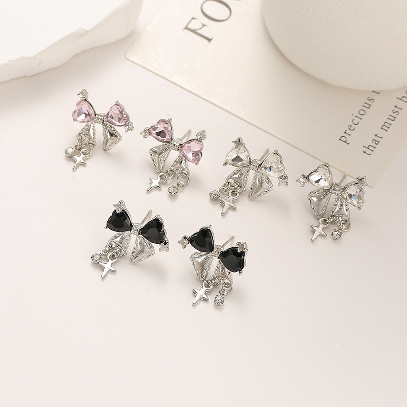 Sweet Natural Pink Bow Tie Stud Earrings For Women With Zircon Inlay In Alloy