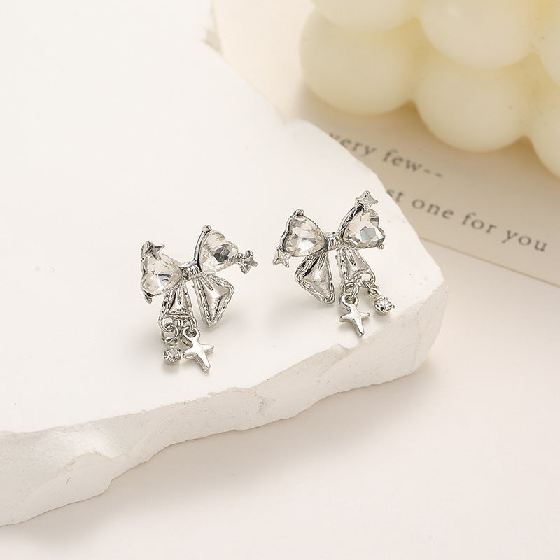 Sweet Natural Pink Bow Tie Stud Earrings For Women With Zircon Inlay In Alloy