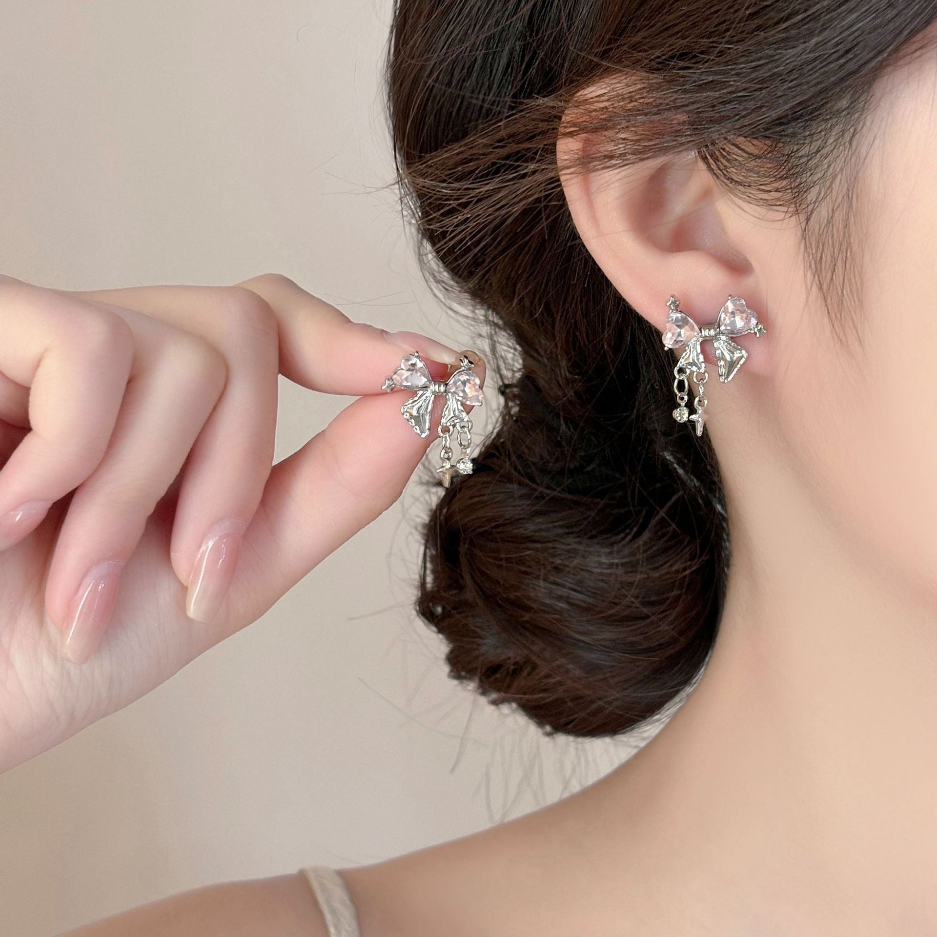 Sweet Natural Pink Bow Tie Stud Earrings For Women With Zircon Inlay In Alloy