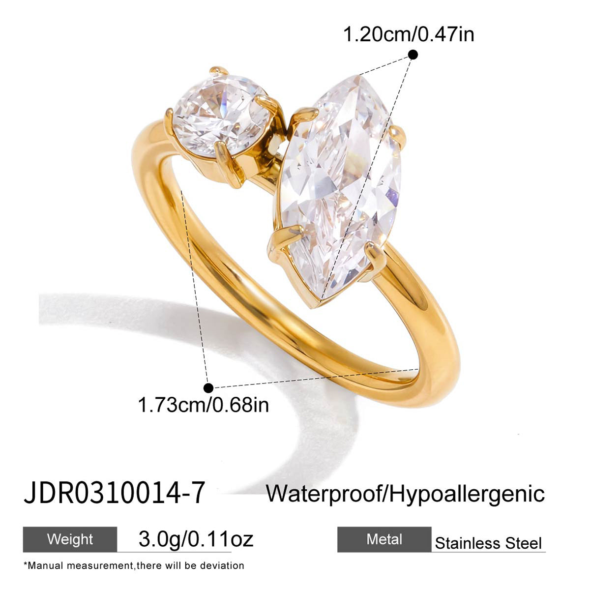 Geometric Waterproof Non Tarnish Rings For Women In 304 Stainless Steel With 18K Real Gold PVD Coating And Zircon Inlay