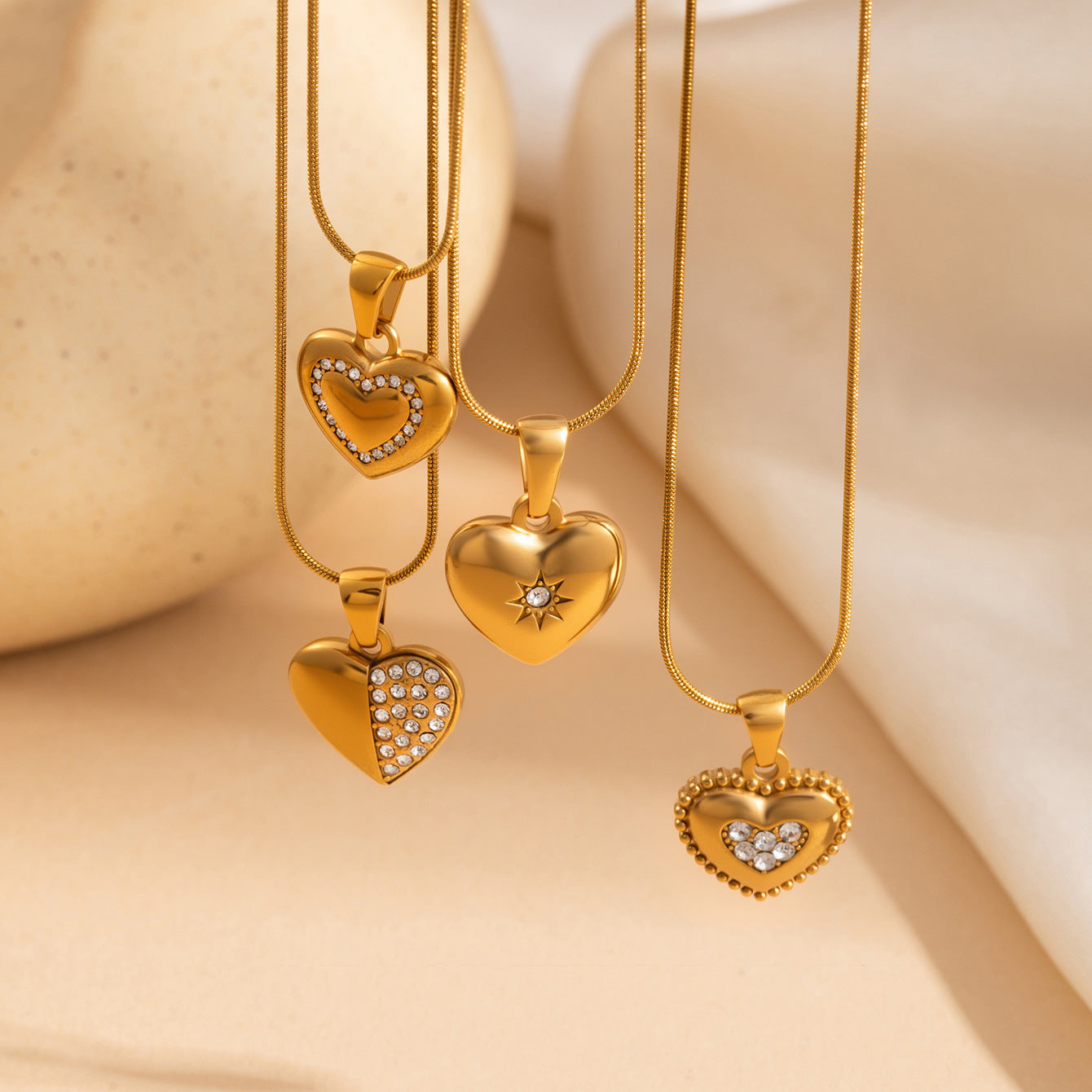 Heart Shape Necklace For Women, 304 Stainless Steel 18K Gold PVD Coated With Zircon Inlay And Snake Chain