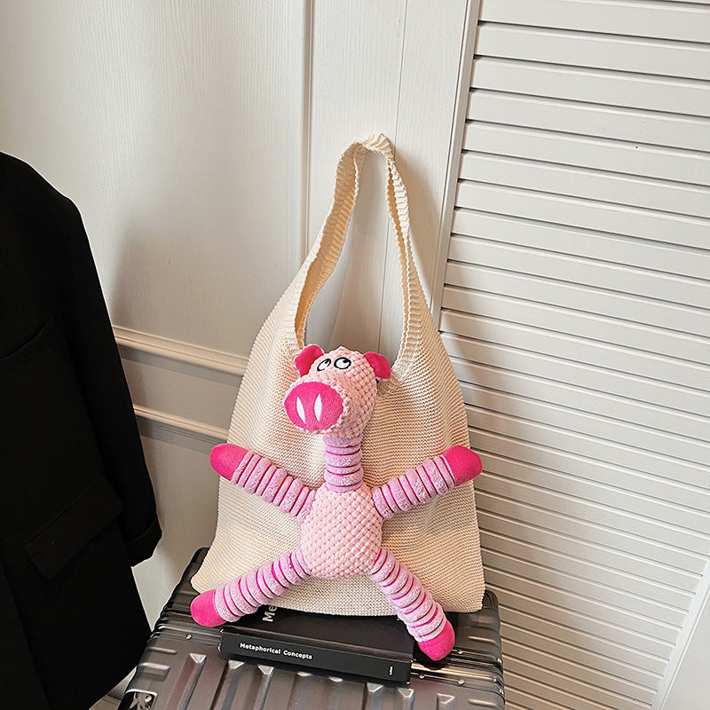 Cartoon Square Knit Handbag For Women With Braid Detail And Top Handle, Stylish Shoulder Bag