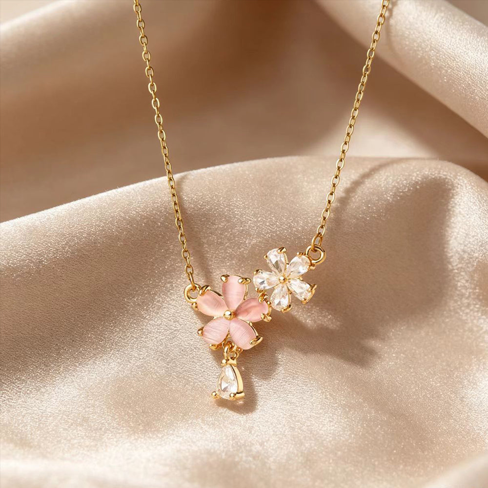 Hypoallergenic Flowers Necklace For Women In 304 Stainless Steel With 18K Real Gold PVD Coating And Zircon Inlay On Cable Chain