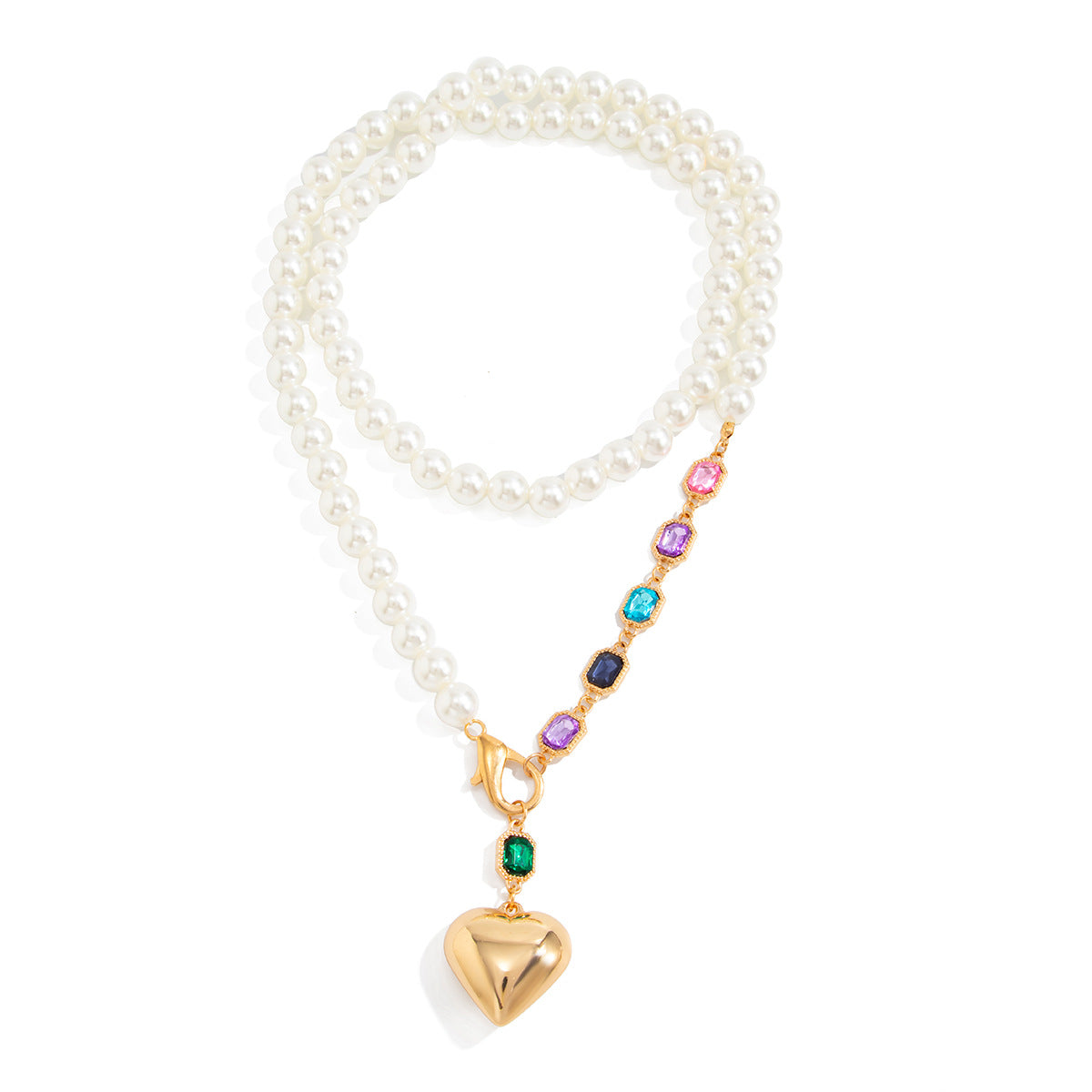 Heart Shape Gold Necklace For Women With Imitation Pearl And Gem Pendant In Zinc Alloy On Beaded Chain