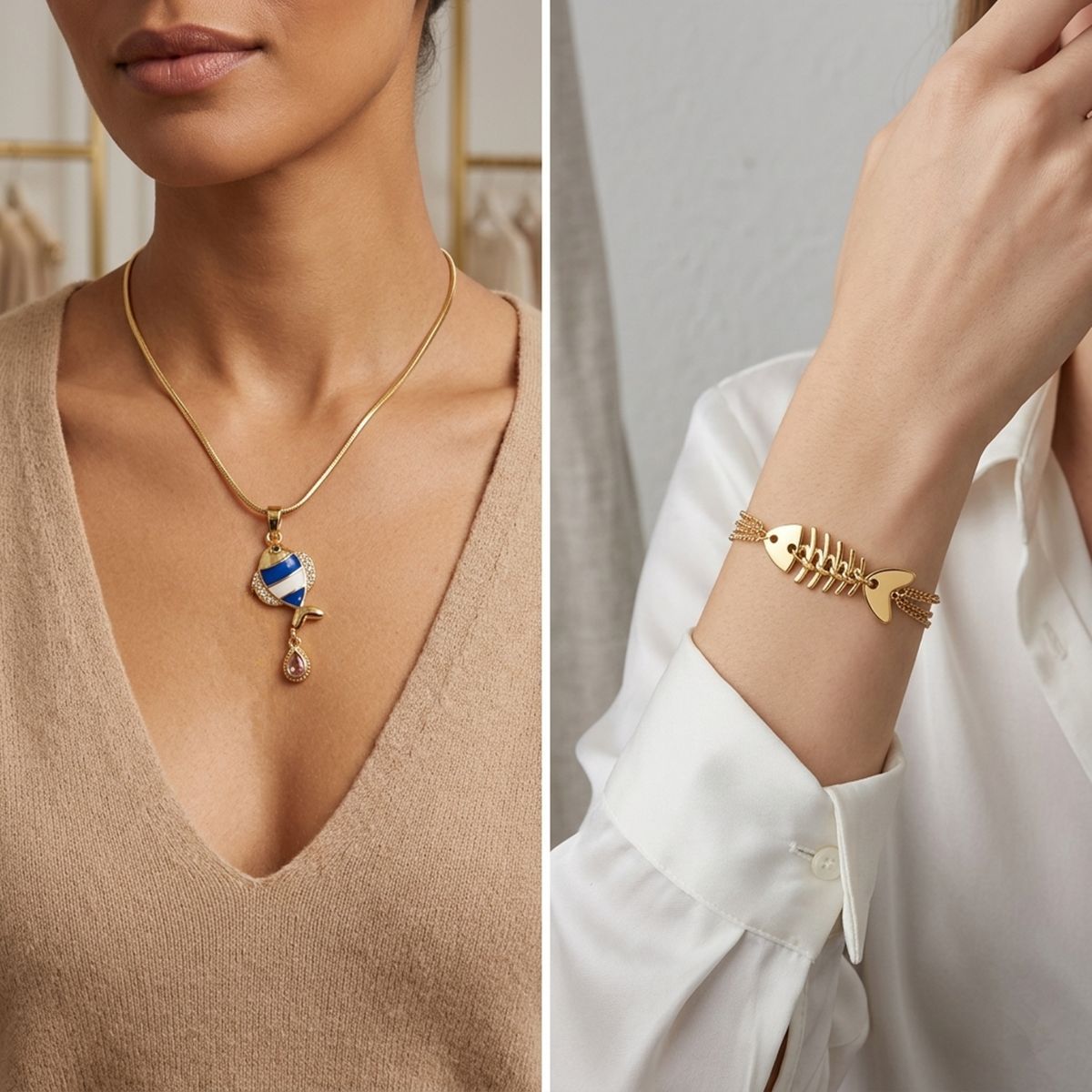 Ocean Copper Pendant With Rhinestones And Enamel Craftsmanship, Elegant Jewelry For Women In Gold