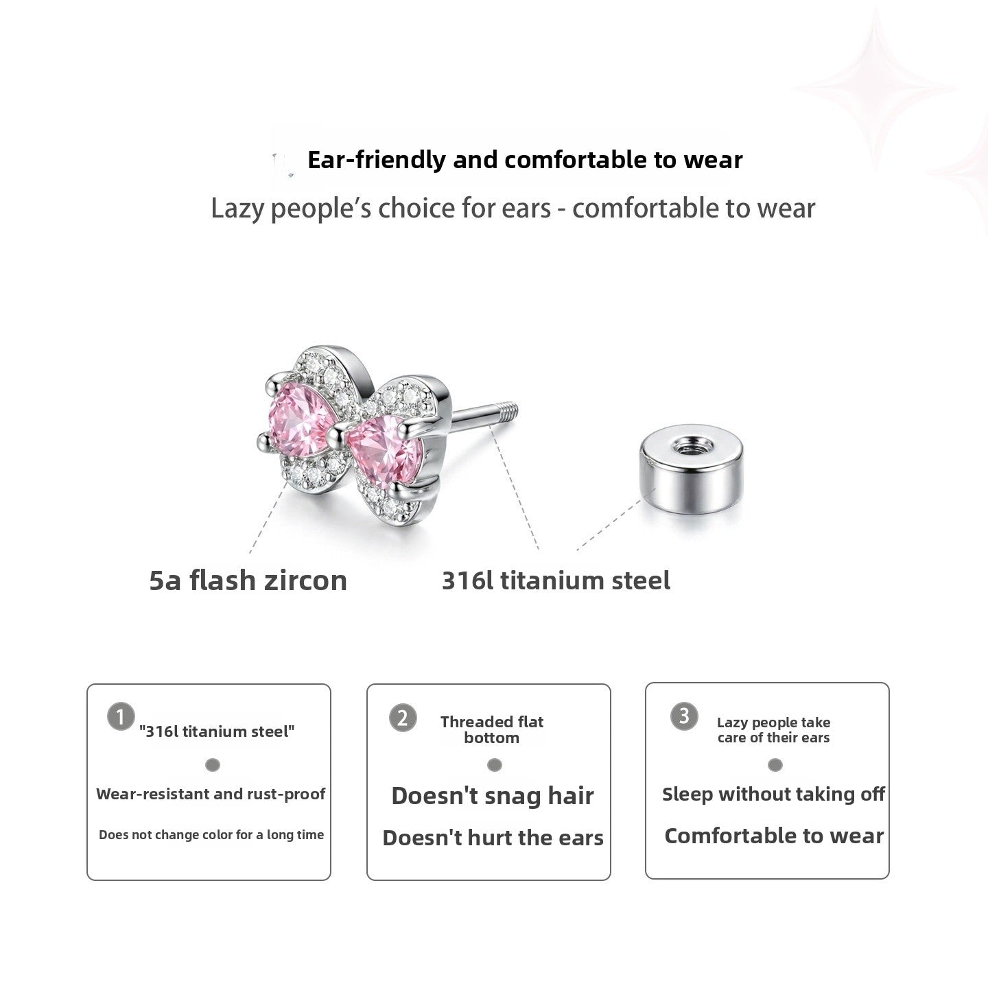 Heart Shape Earrings In Titanium Steel With Zircon Inlay, Platinum Plated, Unisex Design