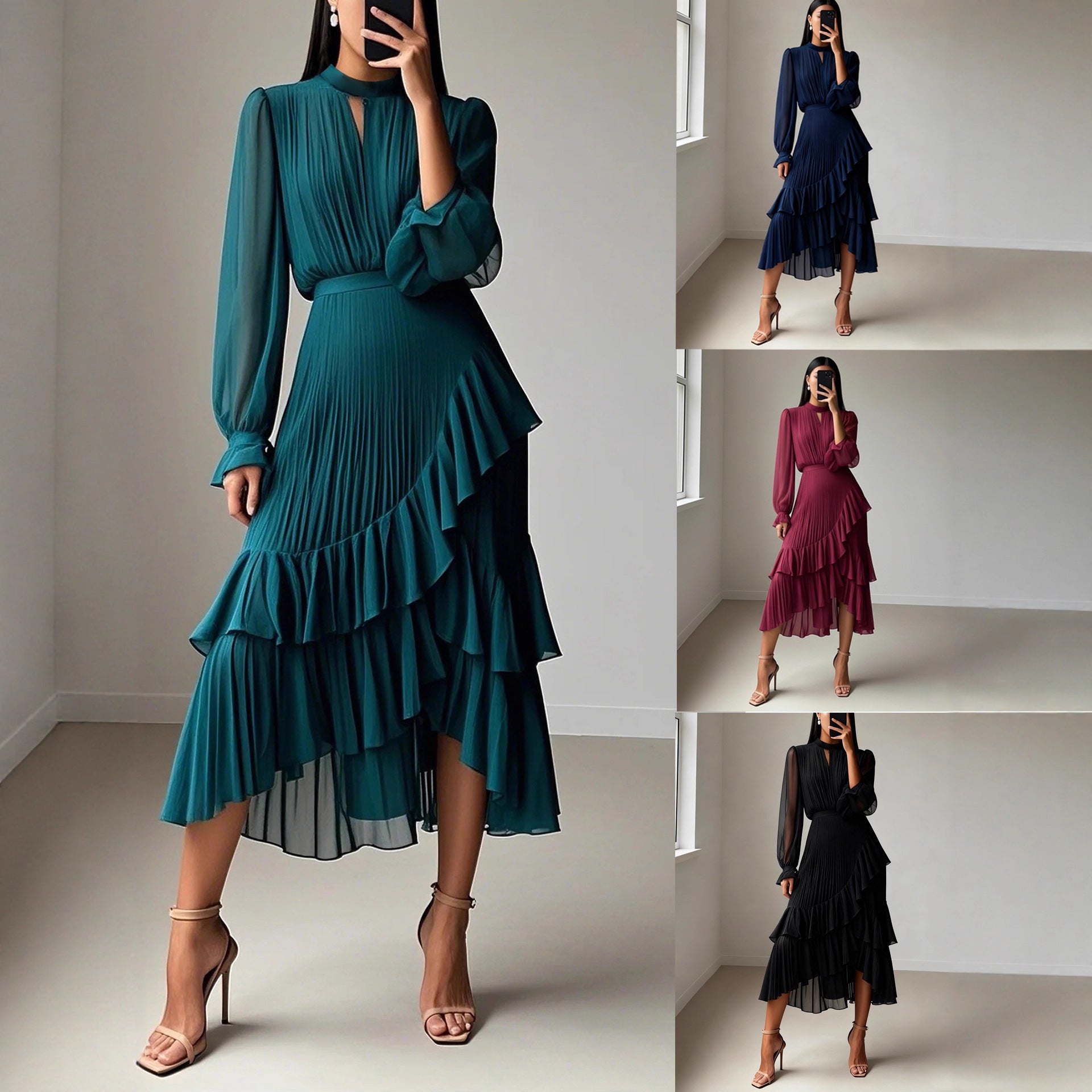 Elegant Solid Color Party Dress With Long Sleeve And Round Neck In Polyester For Casual Occasions
