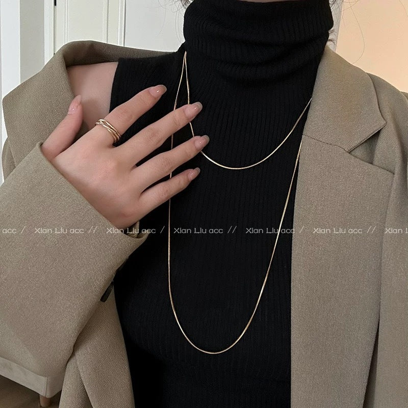 Double Layer Lines Necklace In Gold Featuring Titanium Steel Snake Chain For Unisex