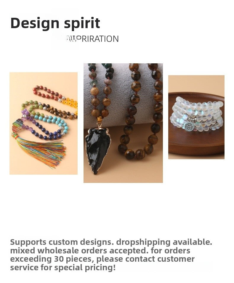 Unisex Gem Beaded Rosary Necklace With Natural Stone Inlay Featuring Flower Pattern